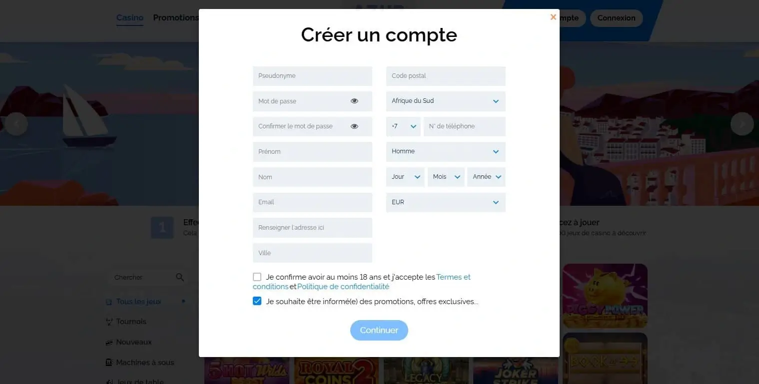 Ouvrir un compte à casino Azur Azur casino inscription